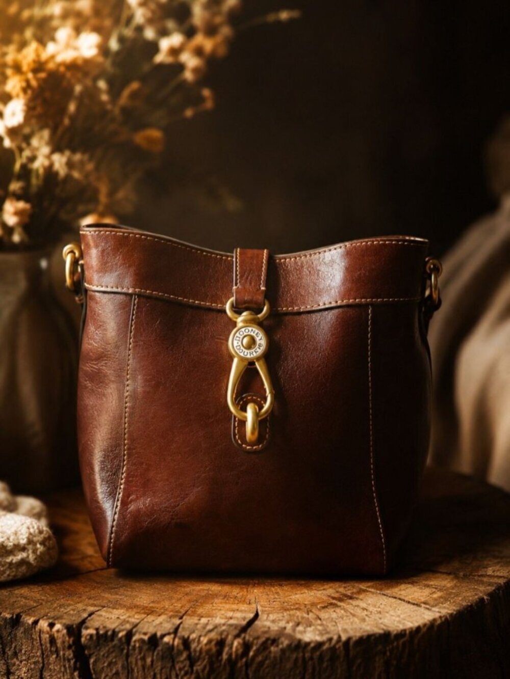 Dooney & Bourke Sadie Feed Bag Brown Florentine Vacchetta Leather Crossbody